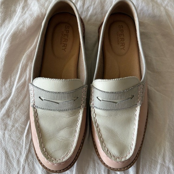 Sperry Shoes - Sperry Top-Sider Cream Gray Blush Pink Leather Penny Loafers Women's 6.5